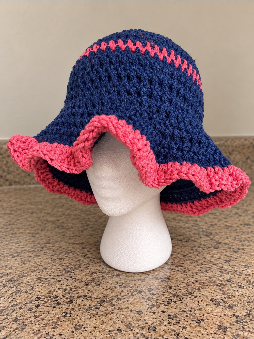 Handmade Navy and Pink Crochet Kids Sun Hat